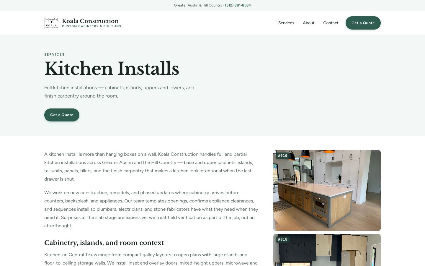 Koala Construction kitchen installs page